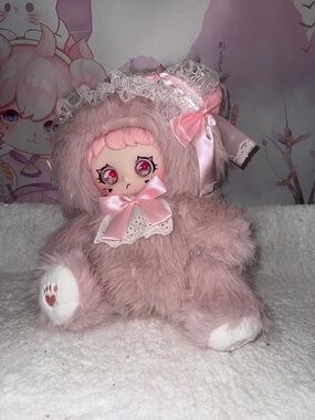 Yunni Kawaii Pink Cat Plush Doll with Lace & Ribbon